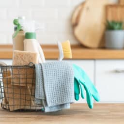 Basket of cleaning supplies: gloves, towels, rags, brushes, cleaning spray